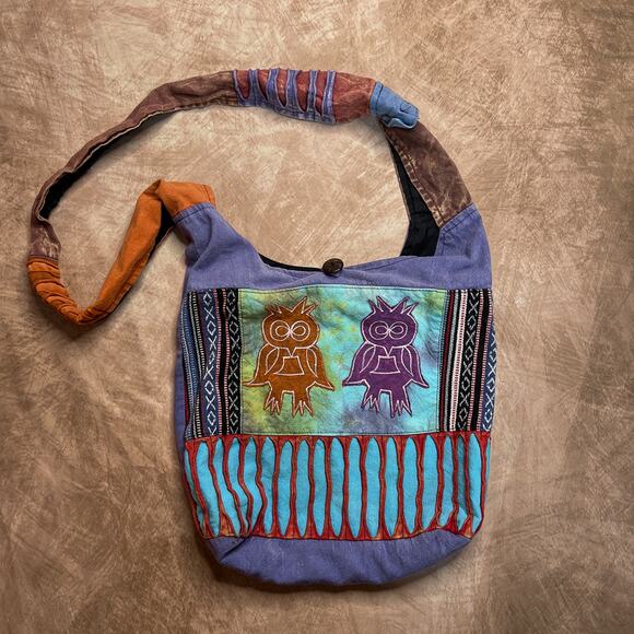 Multicolor Distressed Patchwork Embroidered Owl Tote Bag Tie Dye Tapestry Boho - Picture 1 of 8